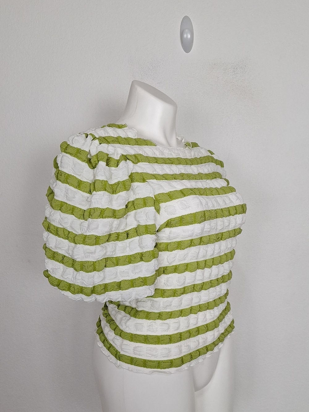 Kaktus “NEW” Green & White Striped Puff Sleeve Textured Cottagecore Top Size XL - Picture 3 of 9